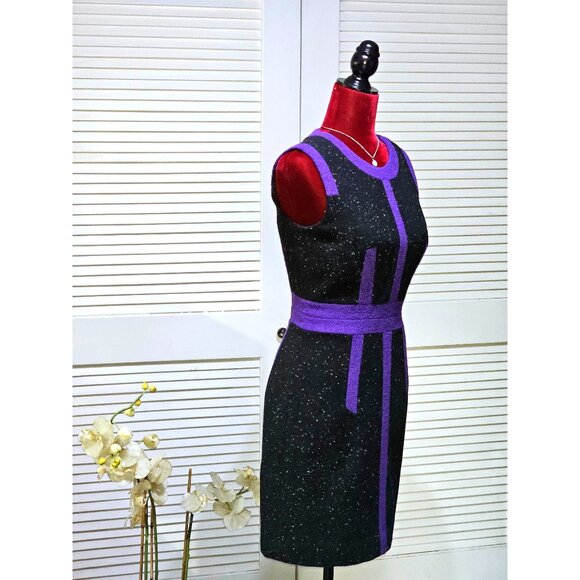 Milly Women's Black Purple Wool Blend Trim Tweed Shift Dress Size 2 2573 - Picture 3 of 10
